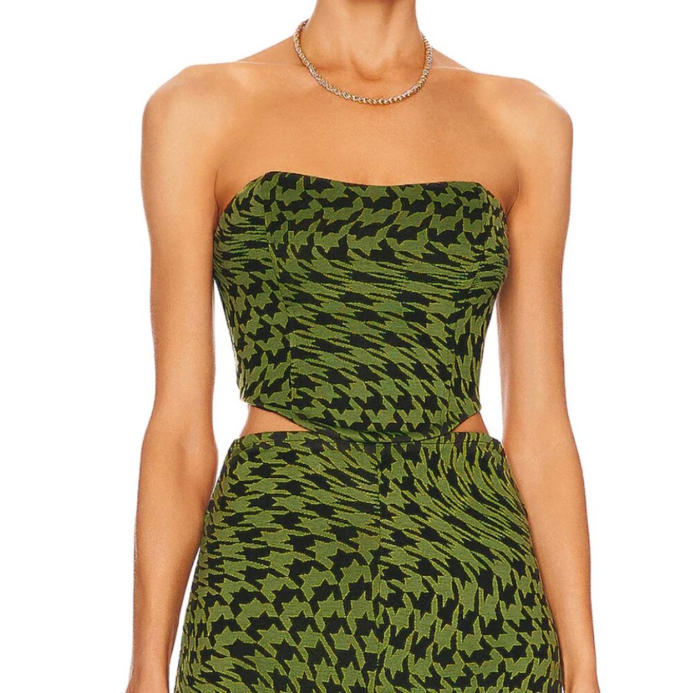 Camila Coelho Seraphina Houndstooth Jacquard Lace Up Cropped Corset Green XS